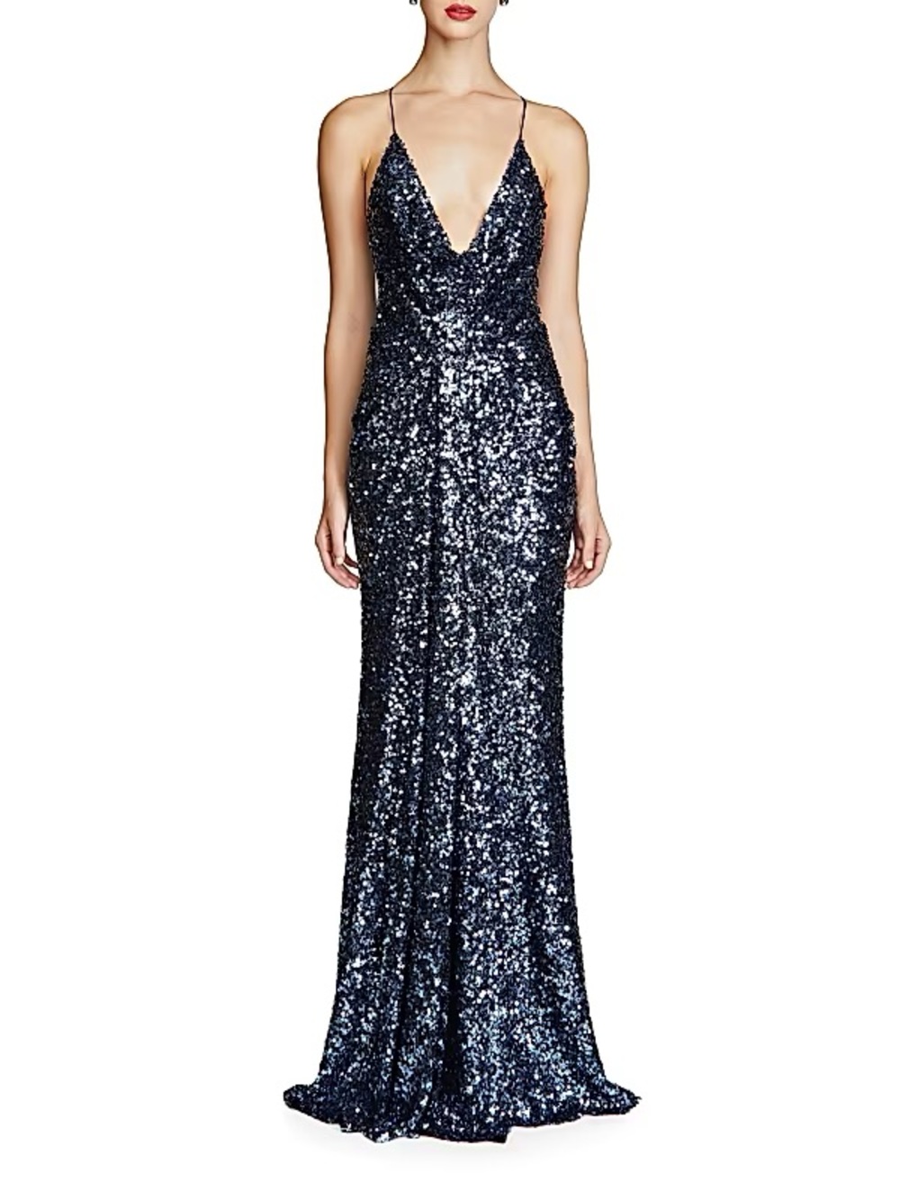 Halston Heritage Manon Navy Sequin Plunging V Evening Gown